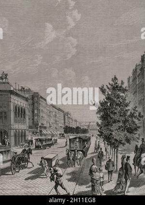 History of Austria. Vienna. Royal street (Ringstrasse) and exterior of the State Opera. Drawing from life by Kronstein. Engraving. Detail. La llustración Española y Americana, 1878. Stock Photo