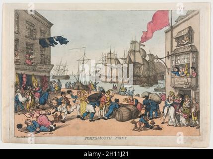 Portsmouth Point, 1814. Thomas Rowlandson (British, 1756-1827). Etching, hand colored; Stock Photo