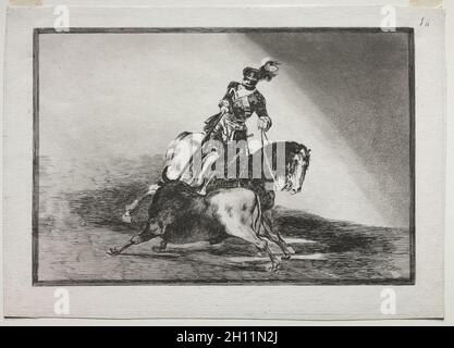 Charles V Spearing a Bull in the Ring at Valladolid, 1815-1816. Francisco de Goya (Spanish, 1746-1828). Etching, aquatint, drypoint and engraving; Stock Photo