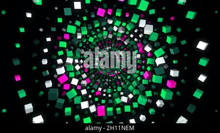 Tunnel of 3D colored squares on black background. Animation. Beautiful hypnotic tunnel of colorful cubes. Distance from spiral of many bright cubes. Stock Photo