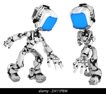 Screen robot figure character pose reaching downwards, front and side, 3d illustration, horizontal, isolated Stock Photo