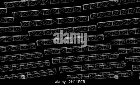 Abstract white triangle shapes on black background. Animation. Rotating 3D elongated constructions of triangles. Transparent elongated triangles rotat Stock Photo