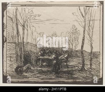 Breakfast in a Glade, original impression 1857, printed in 1921. Jean Baptiste Camille Corot (French, 1796-1875). Cliché-verre; sheet: 16.2 x 20 cm (6 3/8 x 7 7/8 in.); image: 14.6 x 18.6 cm (5 3/4 x 7 5/16 in.). Stock Photo