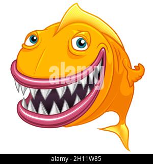 Smiling happy cartoon yellow fish. Funny vector illustration. Isolated on white background. Stock Vector