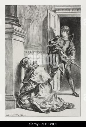 Hamlet: Hamlet Attempts to Kill the King, 1843. Eugène Delacroix (French, 1798-1863). Lithograph; Stock Photo