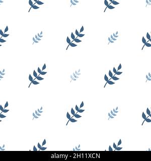 Cute simple seamless pattern with blue leaves and twigs. Delicate print for wrapping paper, textiles and design Stock Vector