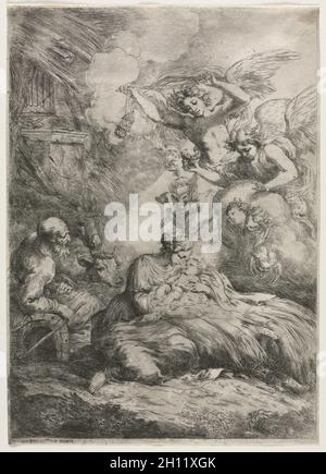 The Nativity, 1650-57. Bartolomeo Biscaino (Italian, 1632-1657). Etching; Stock Photo