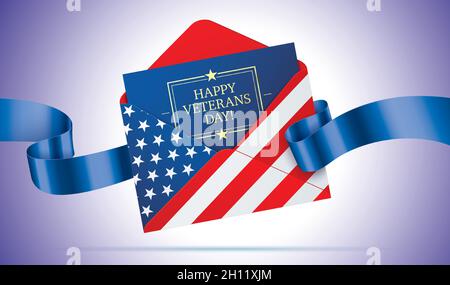 Happy veterans day vector banner design, with a greeting letter in the USA flag printed envelope. Stock Vector