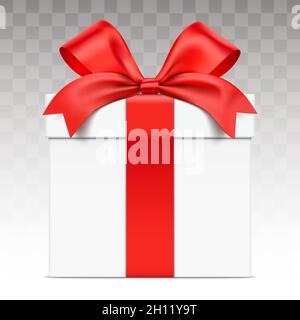 White gift box wrapped with red ribbon, isolated on transparent background. Realistic giftbox in front view, vector illustration. Stock Vector