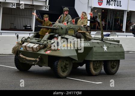 Anthony Bendkowski, M8 Greyhound Armoured Car, Nitro Nick, Victory Parade, Goodwood Revival 2021, Goodwood, Chichester, West Sussex, England, Septembe Stock Photo
