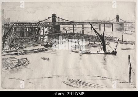 Old Hungerford Bridge, 1861. James McNeill Whistler (American, 1834-1903). Etching; Stock Photo