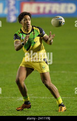 Castleford, UK. 15 October 2021 -   Jordan Turner of Jamaica in action during the Rugby League  International,  Jamaica vs England Knights at The Mend-A-Hose Stadium, Castleford, UK  Dean Williams Credit: Dean Williams/Alamy Live News Stock Photo