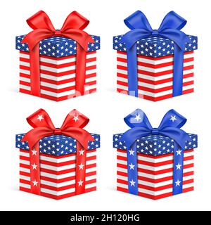 Set of gift boxes with USA flag wrapping, isolated on white background. Patriotic package with US flag print, vector illustration. Stock Vector