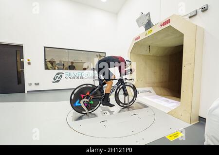 Alex Dowsett training in the wind tunnel during a photocall at the Silverstone Sports Engineering Hub, Towcester. Picture date: Friday October 15, 2021. Stock Photo