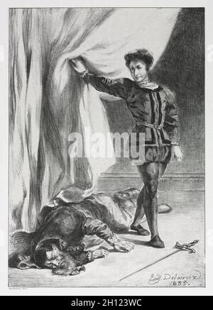 Hamlet: Hamlet and the Corpse of Polonius, 1835. Eugène Delacroix (French, 1798-1863). Lithograph; Stock Photo