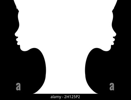 two young women white silhouette faces making a vase shape optical negative space illusion. Beautiful girl double girl face contour pot shape. Vector Stock Vector