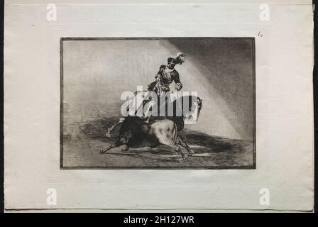 Bullfights: Charles V spearing a bull, 1816, printed 1876. Francisco de Goya (Spanish, 1746-1828). Engraving; Stock Photo