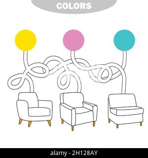 Puzzle for children. Pick a color, go through the maze and paint the chair the right color. Coloring book for children Stock Vector