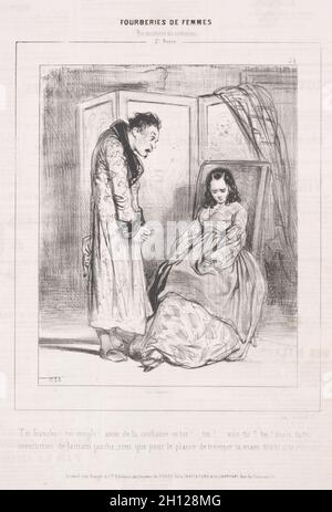 Fourberies de Femmes: En matière de sentiment, 1842. Paul Gavarni (French, 1804-1866). Lithograph; Stock Photo