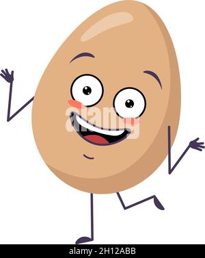 Cute egg character cheerful with emotions dancing, face, arms and legs. Happy Easter decoration. The funny or smile food hero. Vector flat illustration Stock Vector