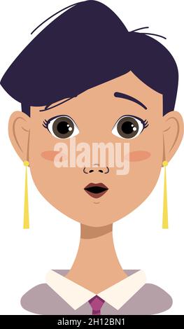 A woman face with a surprised expression, wide open eyes, black short hair. Woman in shirt and tie. Girl avatar. Stock Vector