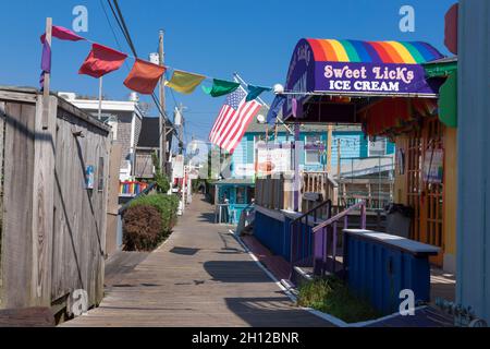 Cherry Grove retail shops and restaurants in the center of town on Fire Island, Suffolk County, New York, USA. Stock Photo