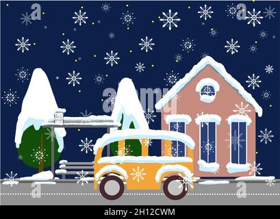 bus stop covered with snow. town cozy landscape flat style. in snowdrift Stock Vector