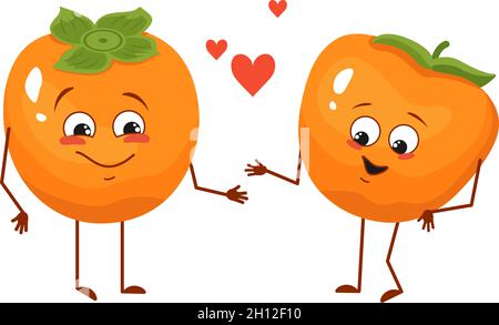 Cute persimmon characters with love emotions, face, arms and legs. The funny or happy food heroes, fruits fall in love. Vector flat illustration Stock Vector