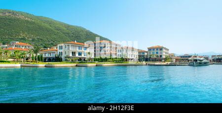 Herceg Novi, Montenegro - June 28, 2021: Panoramic landscape of the luxury resort in Portonovi marina on the shores of Boka Bay Stock Photo