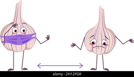 Cute garlic characters with emotions, face and mask keep distance, arms and legs. The funny or sad hero, vegetable. Vector flat illustration Stock Vector