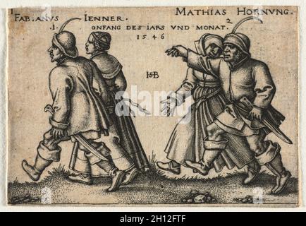 The Peasant Wedding or the Twelve Months: 1-Fabianus Jenner 2-Mathias Hornung, 1546. Hans Sebald Beham (German, 1500-1550). Engraving; Stock Photo