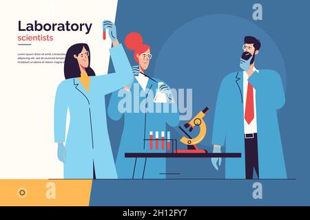 Vector illustration depicting a team of scientists at work in the laboratory. Editable stroke Stock Vector