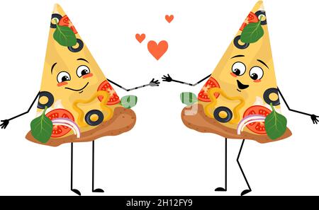 Cute pizza characters with love emotions, smiling face, arms and legs. The funny or happy food heroes with hearts, vegetables and cheese fall in love. Vector flat illustration Stock Vector