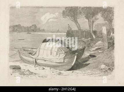 Two Beached Fishing Boats, 1809. Cornelius Varley (British, 1781-1873). Etching; Stock Photo