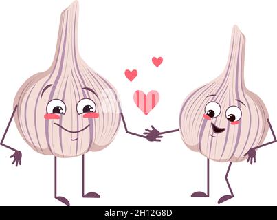 Cute garlic characters with love emotions, face, arms and legs. The funny or happy heroes, vegetable fall in love. Vector flat illustration Stock Vector