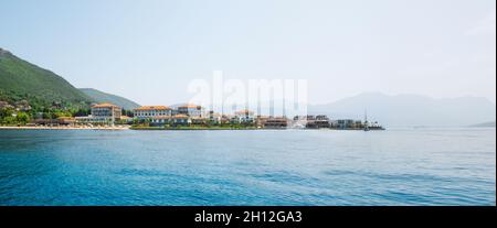 Herceg Novi, Montenegro - June 28, 2021: Panoramic landscape with sunset view of the luxury resort in Portonovi on the shores of Boka Bay Stock Photo