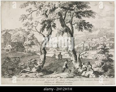 View of a Village with Figures in the Foreground, 1723. Marco Ricci (Italian, 1676-1729). Etching; Stock Photo