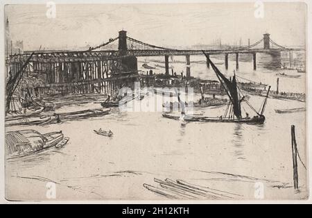 Old Hungerford Bridge, 1861. James McNeill Whistler (American, 1834-1903). Etching and drypoint; sheet: 24 x 18.1 cm (9 7/16 x 7 1/8 in.); platemark: 21.1 x 13.6 cm (8 5/16 x 5 3/8 in.). Stock Photo