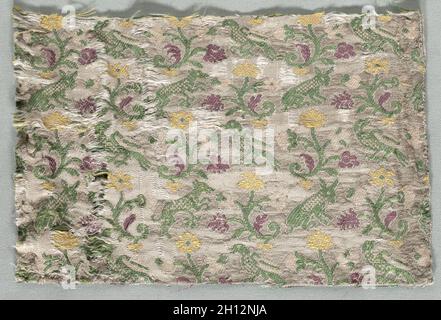Textile Fragment, 1600s. Italy, 17th century. Silk lampas; overall: 15 x 23 cm (5 7/8 x 9 1/16 in.). Stock Photo