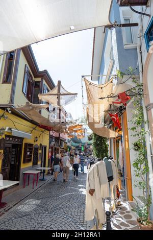 Ayvalik, Turkey - September 2021: Ayvalik old street view with historical buildings and architecture style. Ayvalık is a popular seaside in Turkey Stock Photo