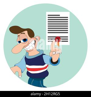 Man with cheeky smile and big nose pointing at a diploma paper round sticker label Stock Vector