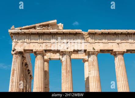 Ancient Greek temple of Parthenon on Acropolis, Athens, Greece. It is top landmark of Athens. Ruins of classical building on sky background. Concept o Stock Photo