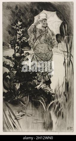 Spring Morning, 1875. James Tissot (French, 1836-1902). Drypoint; sheet: 50.7 x 27.9 cm (19 15/16 x 11 in.). Stock Photo