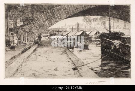 Under the Pont Marie, Paris, 1887. Charles Adams Platt (American, 1861-1933). Etching; Stock Photo