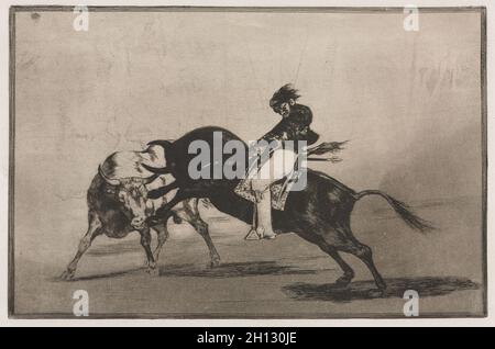 Bullfights: The Same Ceballos Mounted on Another Bull Breaks Short Spears in the Ring at Madrid, 1816, printed 1876. Francisco de Goya (Spanish, 1746-1828). Engraving; Stock Photo