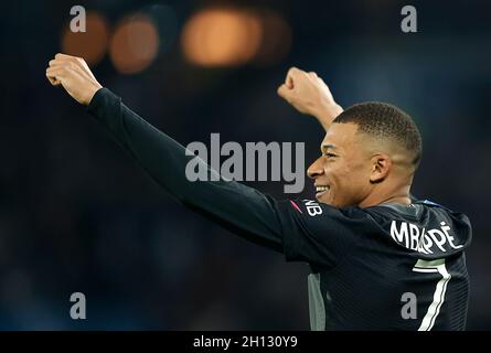 Paris, France. 16th Oct, 2021. Paris Saint Germain's Kylian Mbappe celebrates after scoring by penalty kick during a French Ligue 1 football match between Paris Saint Germain (PSG) and Angers SCO in Paris, France, Oct. 15, 2021. Credit: Xinhua/Alamy Live News Stock Photo