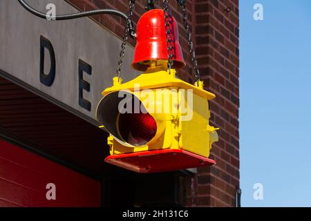 Vintage fire street signal at old firehouse.  Belvidere, Illinois, USA Stock Photo
