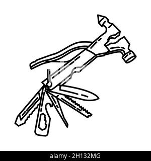 Firefighting Multi tool Part of Firefighter Accessories and Equipment Device Hand Drawn Icon Set Vector. Stock Vector
