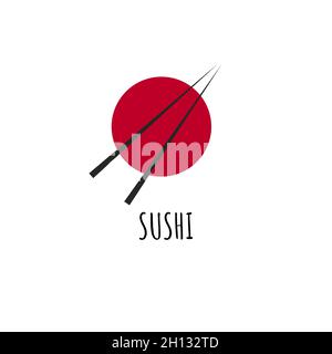 Sushi or rolls minimal logo. Red circle and chopstick. Japanese traditional cuisine concept. Vector icon Stock Vector