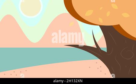 Autumn landscape. Tree, river, sun and mountains. Vector frame Stock Vector